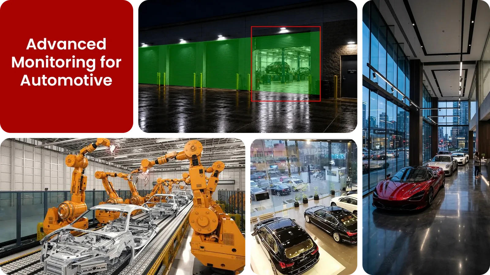 A vehicle storage yard and showroom under AI camera monitoring