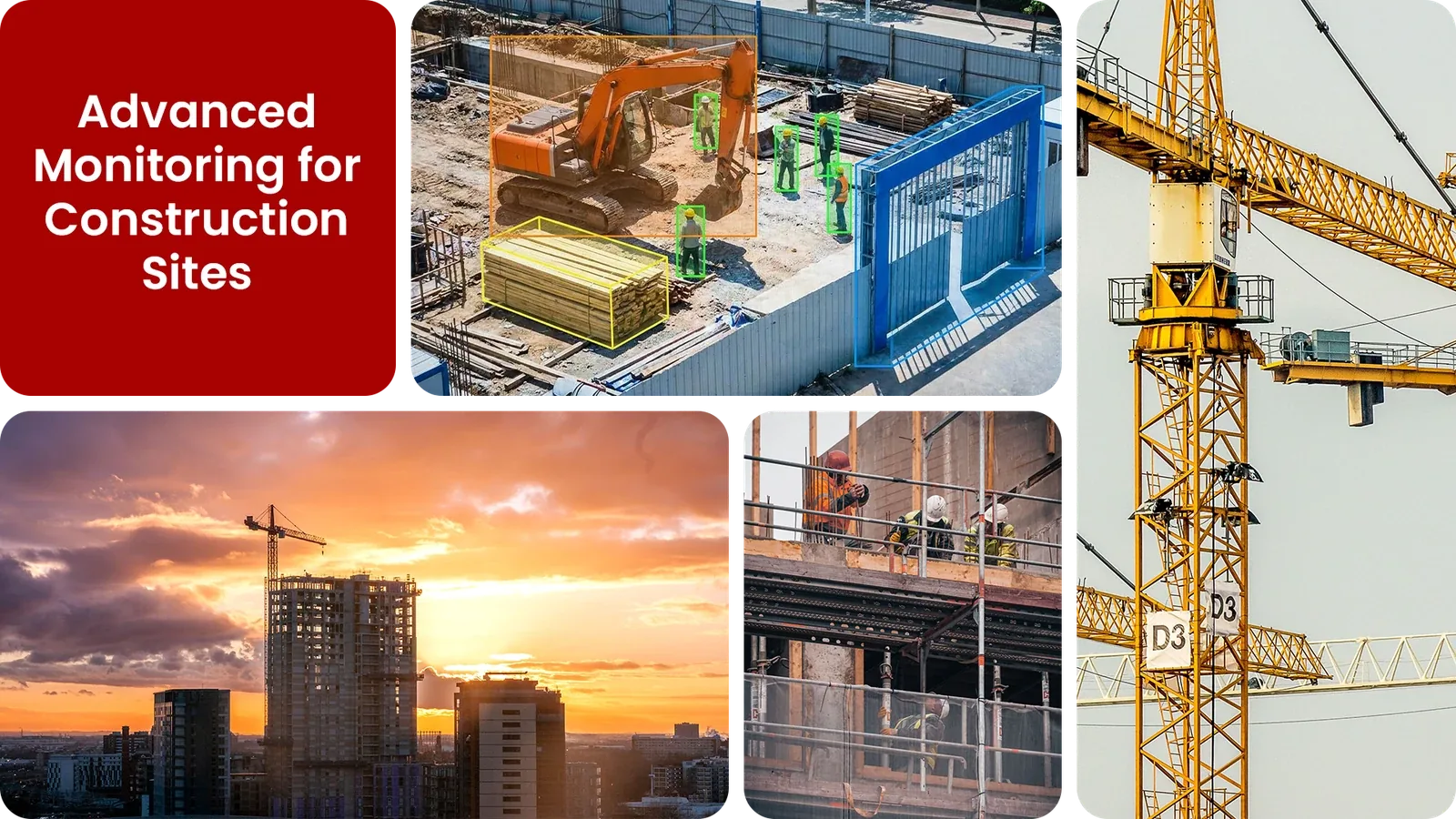 AI-monitored construction site showing bounding boxes around workers, equipment, and material storage, with drone views of the site