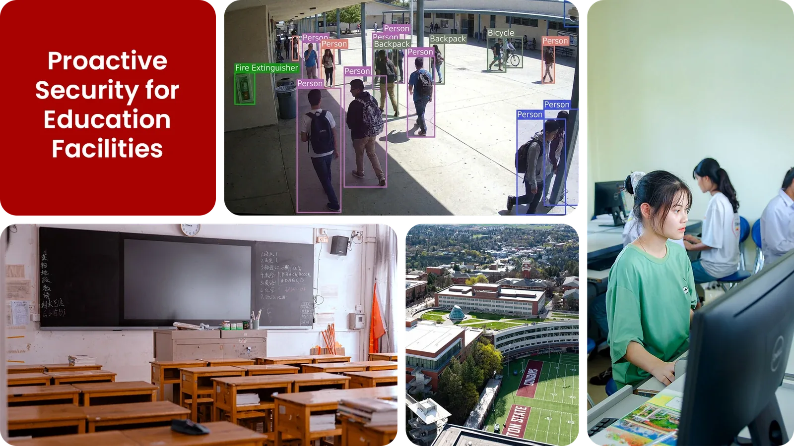 AI-monitored school campus showing bounding boxes tracking people, backpacks, and a bicycle on a walkway, with classroom, campus, and computer lab scenes