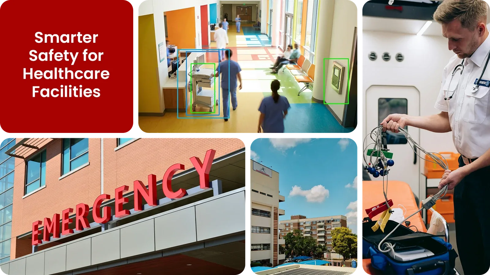 AI-monitored hospital corridor showing bounding boxes around staff and equipment, with an emergency entrance and clinical team scenes