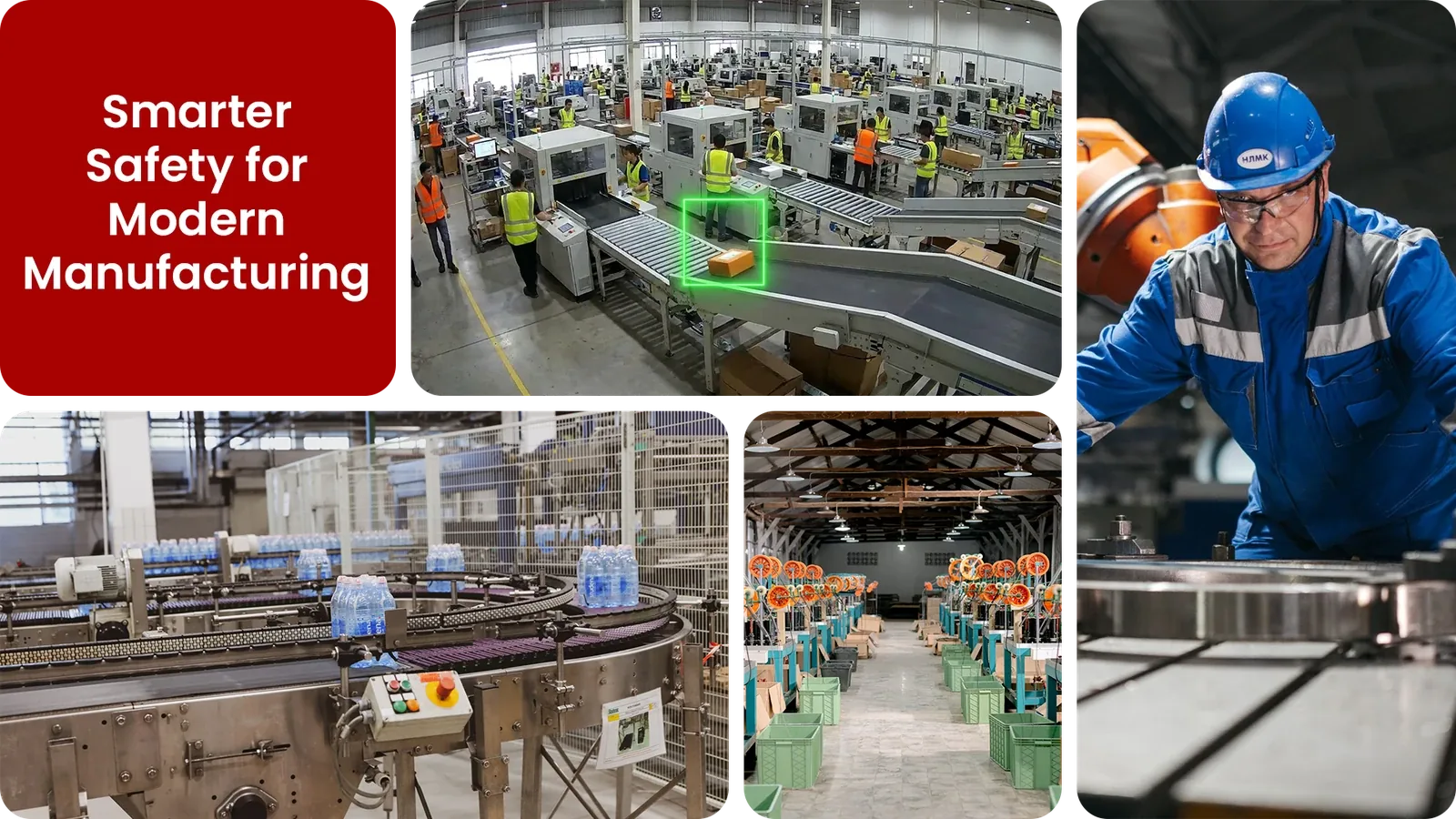 AI-monitored manufacturing floor showing a bounding box around a package on a conveyor line, with workers, machinery, and a production worker in PPE