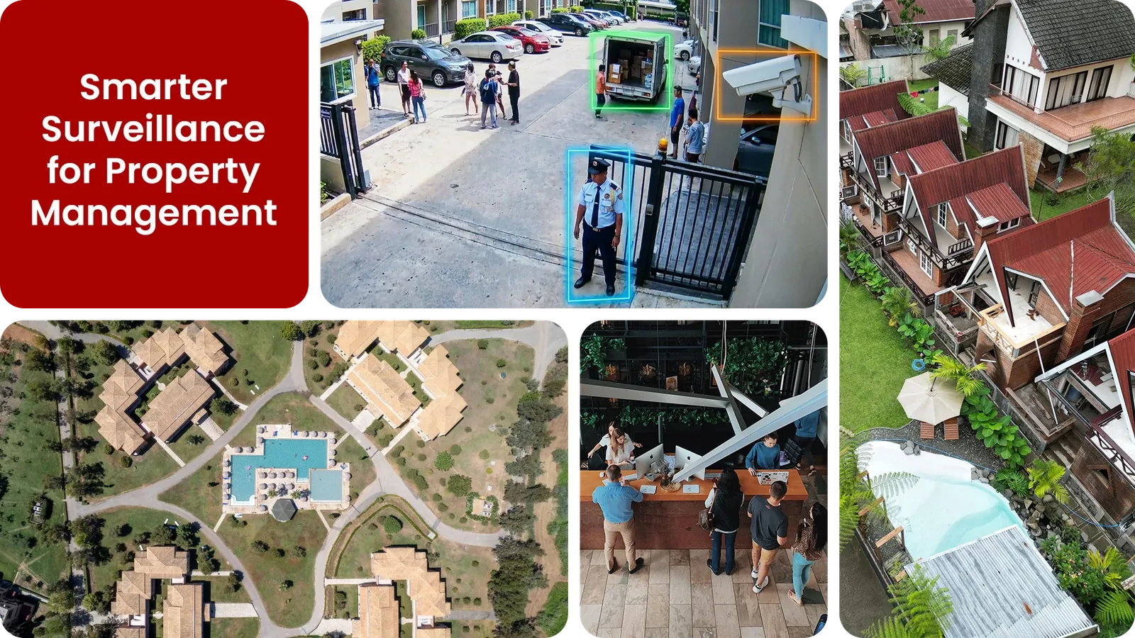 AI-monitored residential property showing bounding boxes around a security guard, visitors, and a delivery vehicle, with aerial views of the grounds