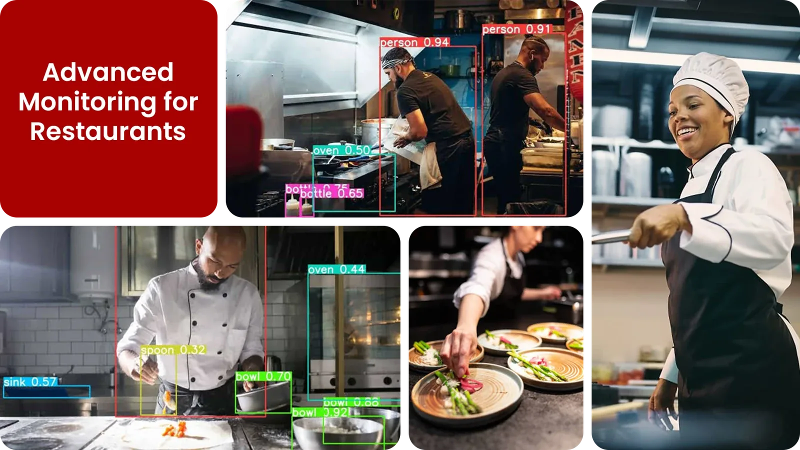 A restaurant kitchen and dining floor under AI camera monitoring