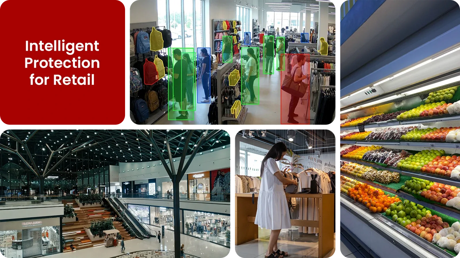 AI-monitored retail store showing bounding boxes tracking shoppers and bags on the sales floor, with mall and checkout scenes