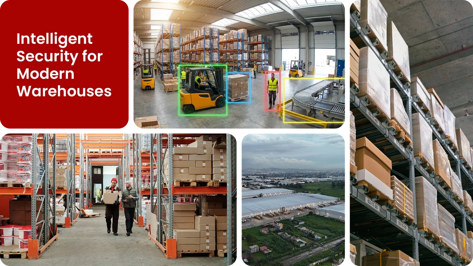 AI-monitored warehouse showing bounding boxes around a forklift, worker, and pallets, with aerial and interior storage rack views