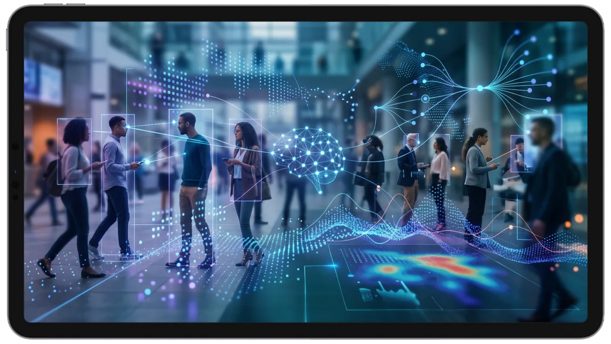 People moving through a public space with an AI overlay tracing behavior patterns