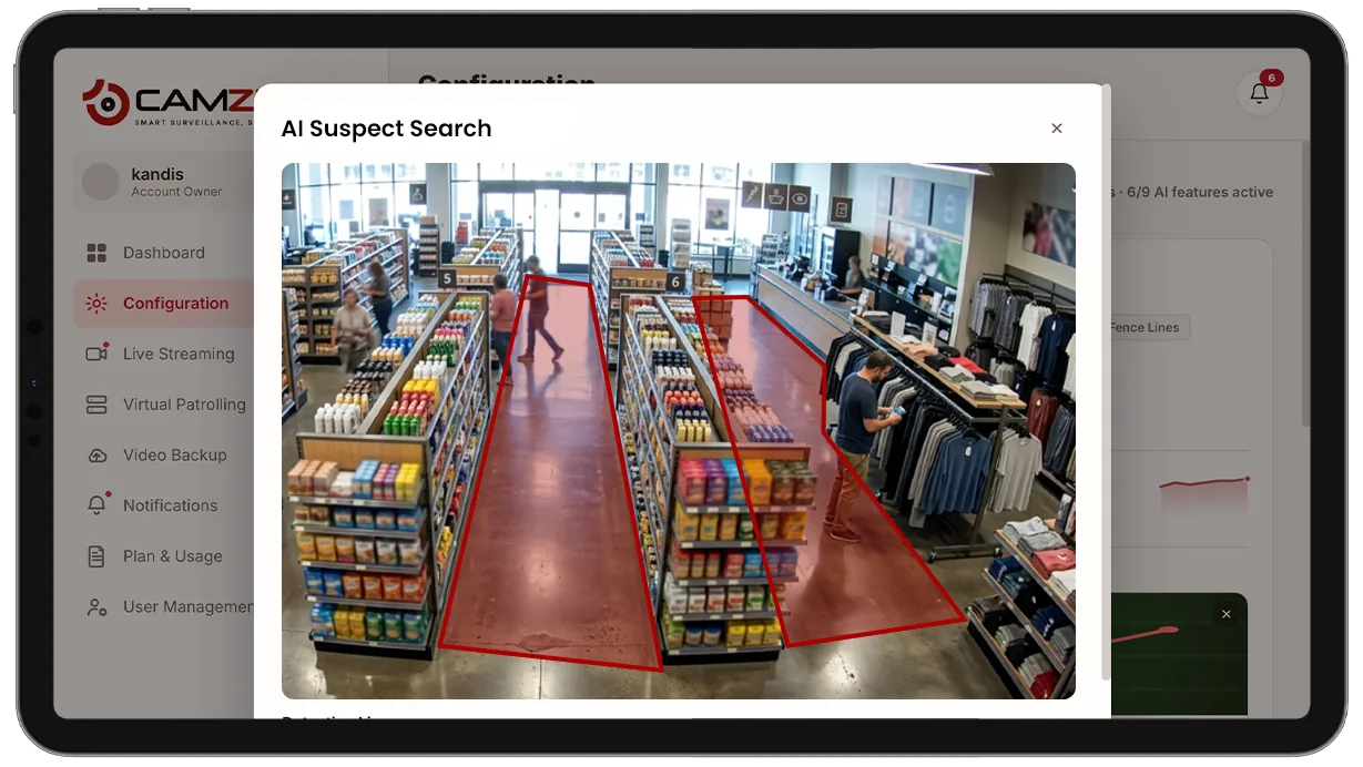 Configuration panel showing search scope, date range, and attribute filters for AI suspect search