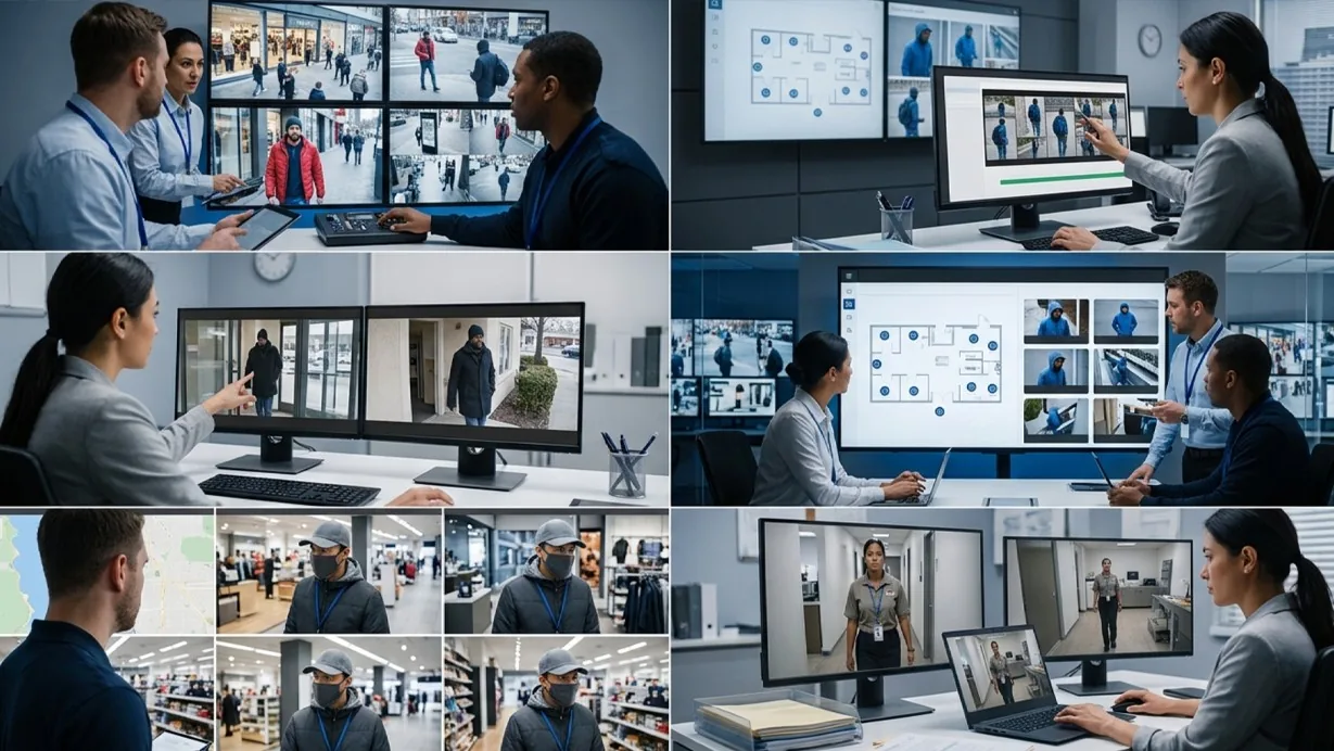Investigator screen showing AI suspect search results across multiple camera thumbnails ranked by confidence