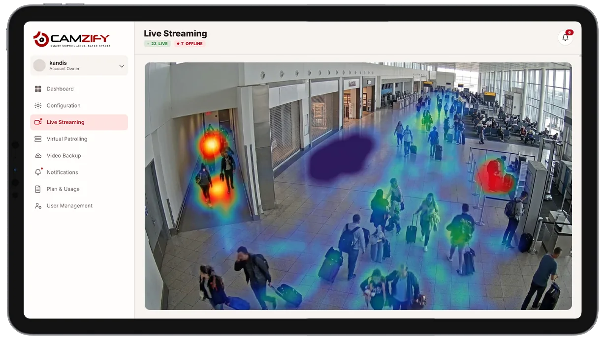 Site floor plan overlaid with a colour-coded foot traffic heatmap highlighting an anomalous zone