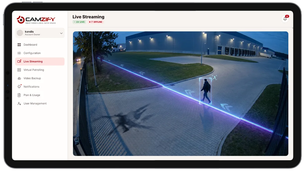 Camera view showing a virtual tripwire line with directional arrows and detected object crossing