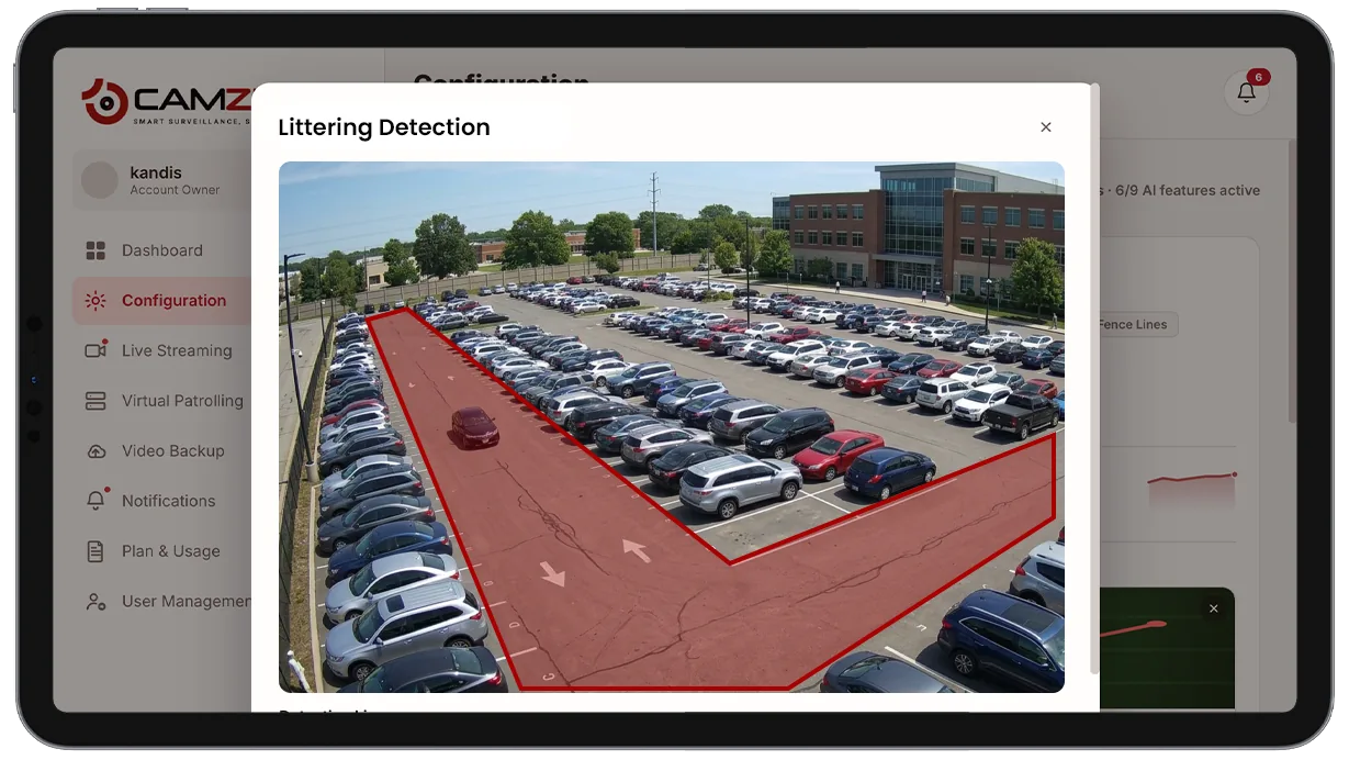 Configuration panel showing designated bin zones marked on a camera view of an outdoor plaza