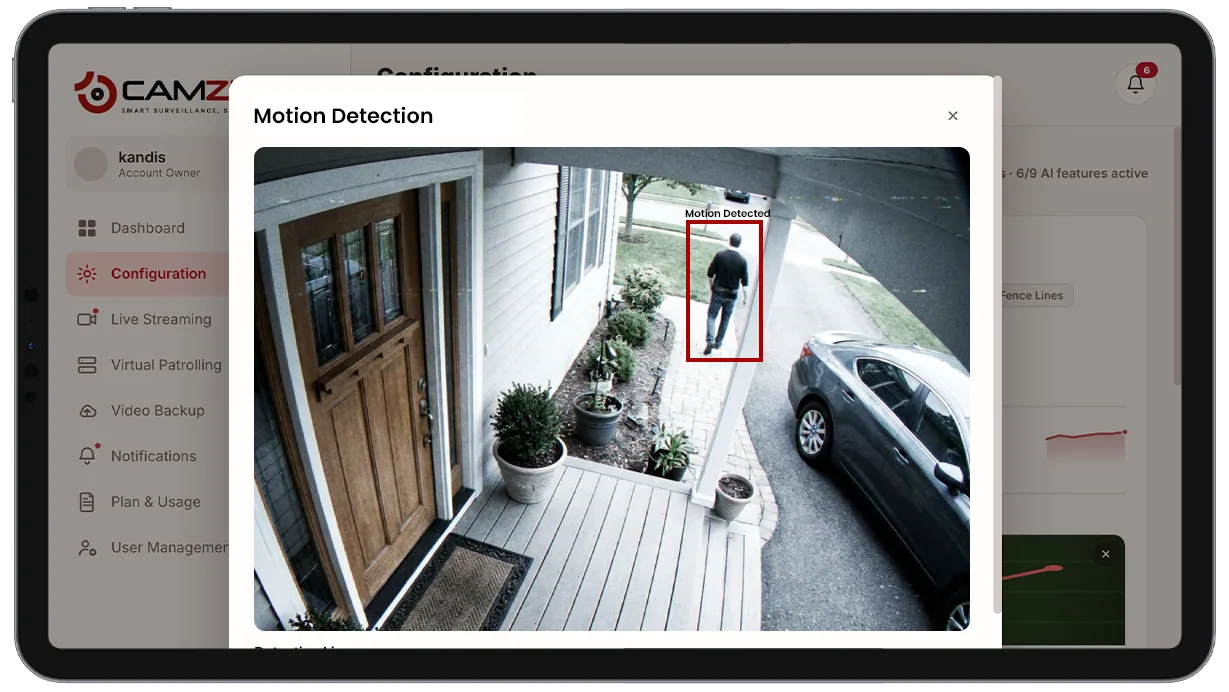 Configuration panel showing motion sensitivity, masked regions, and schedule controls for a camera feed
