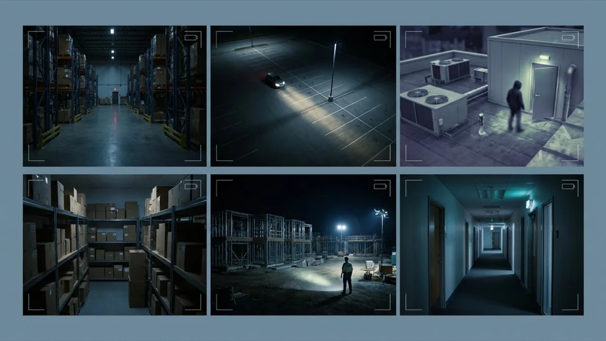 Facility view showing motion detection masked zones covering entrances and storage areas during closed hours