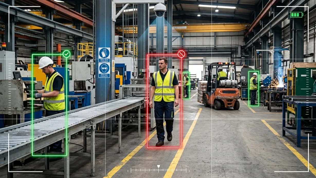 Diagram showing a tracked person checked against a zone's required PPE list before an alert fires