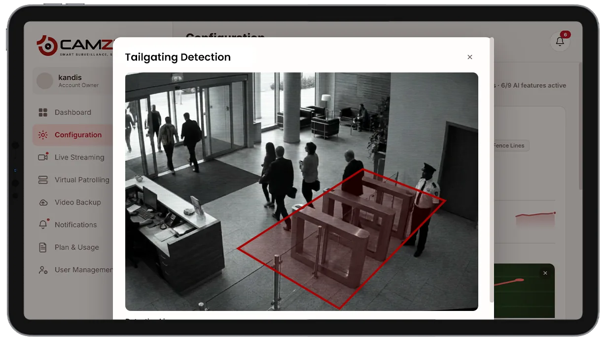 Configuration panel showing an entry-zone boundary drawn over a doorway camera view with schedule and sensitivity controls
