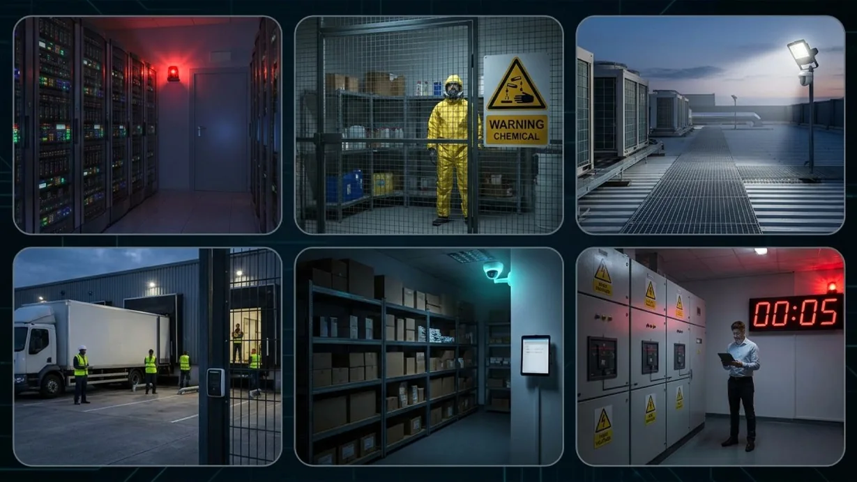 Facility map showing multiple zone intrusion rules placed over restricted rooms and hazardous areas
