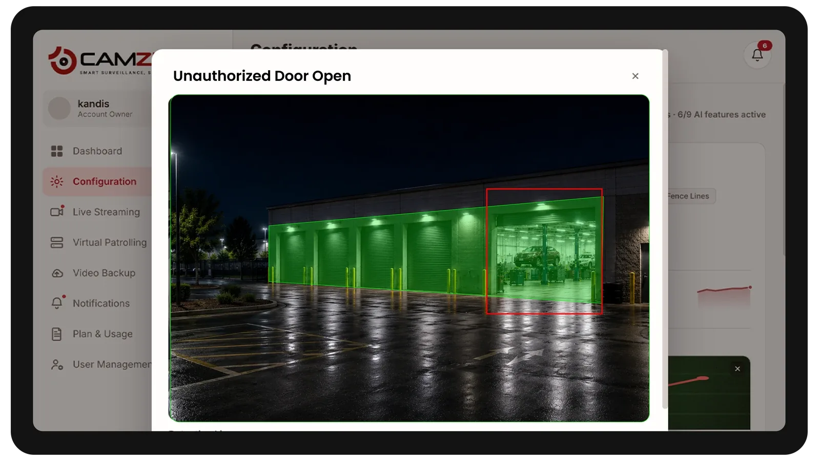 The console configuring a detection on a automotive camera, the zone drawn over the live frame