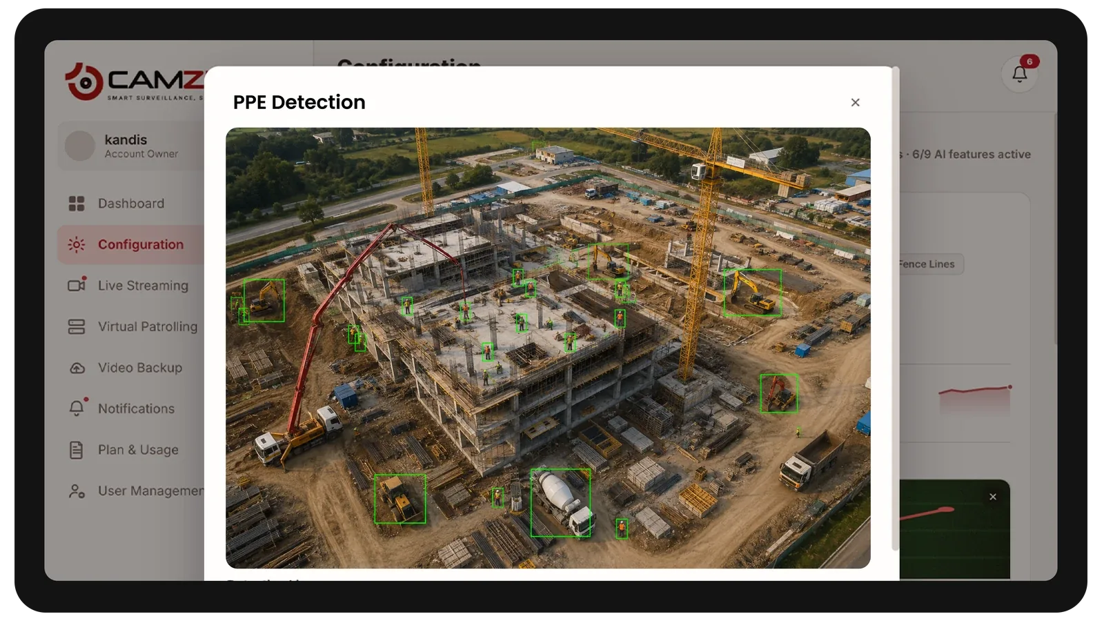The console configuring a detection on a construction site camera, the zone drawn over the live frame