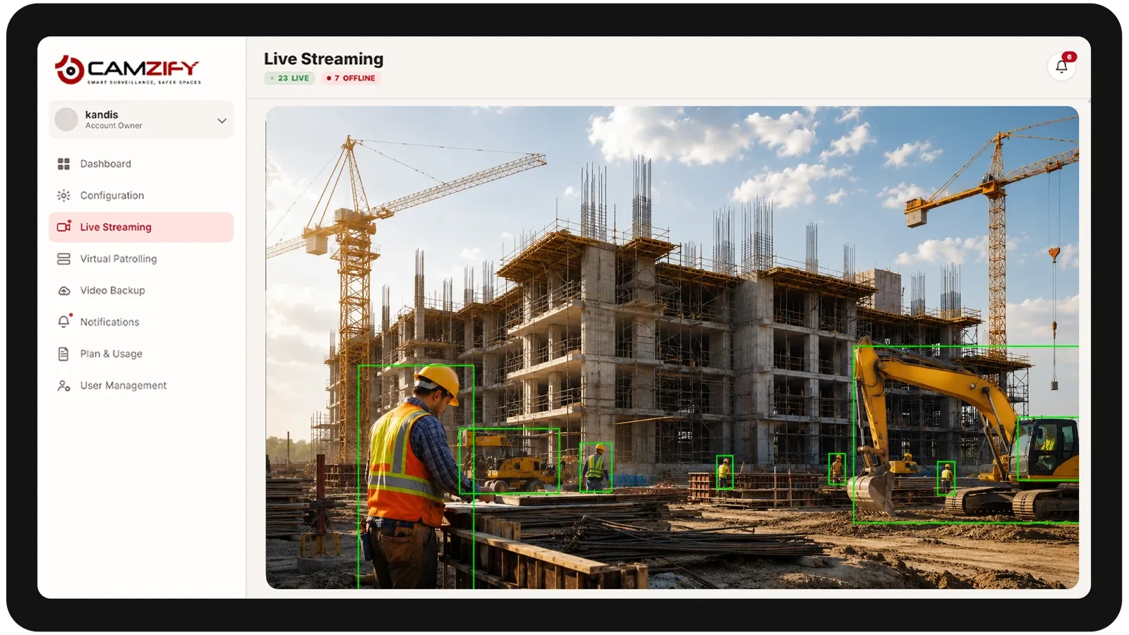 Live streaming from a construction site camera with people and vehicles outlined as they are tracked