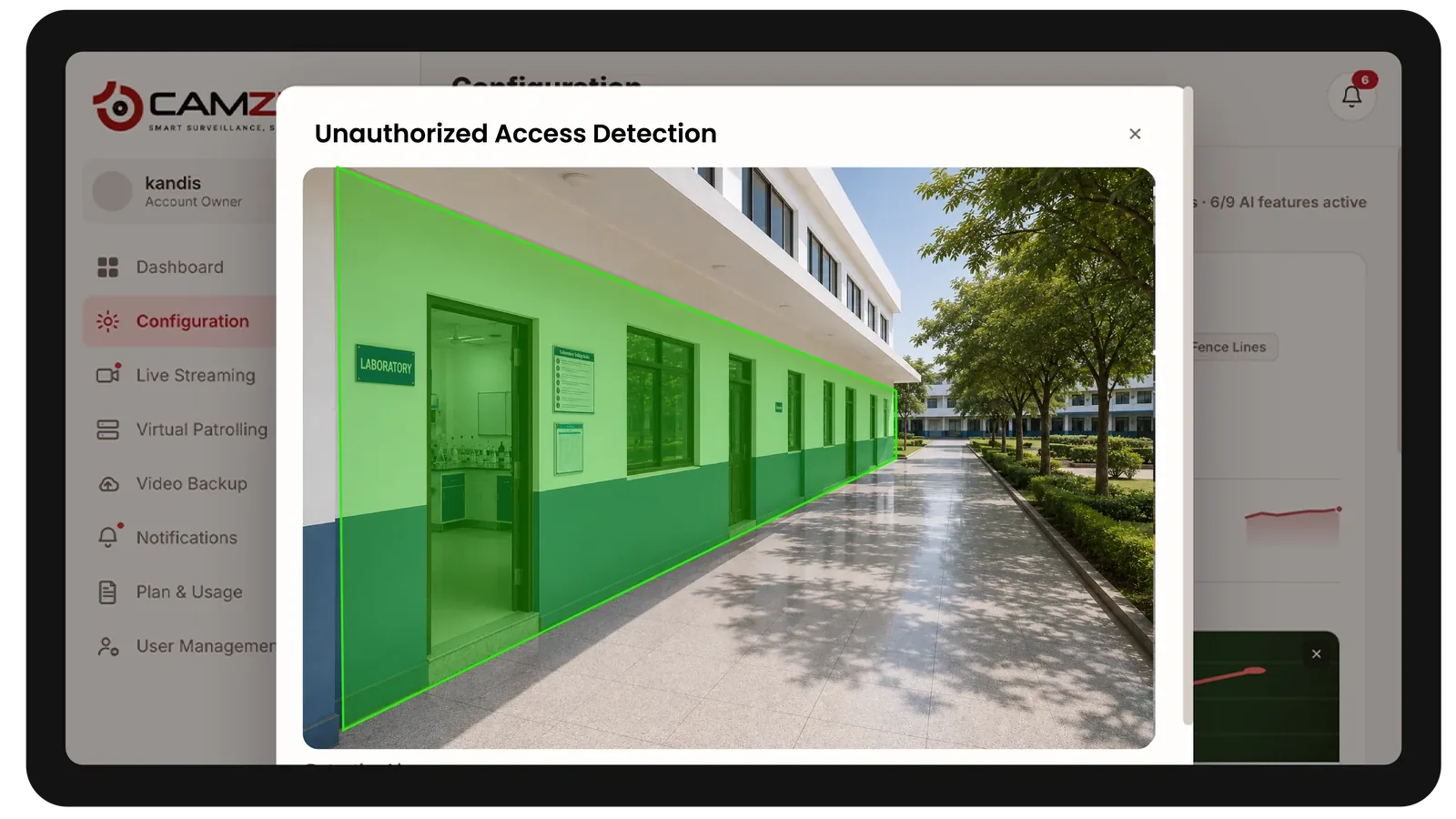 The console configuring a detection on a education facility camera, the zone drawn over the live frame