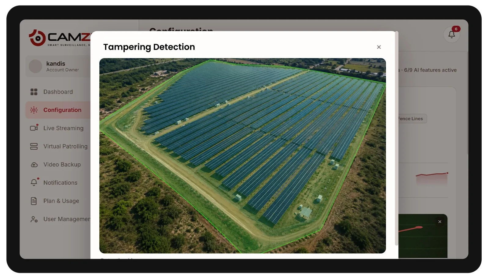 The console configuring a detection on a energy site camera, the zone drawn over the live frame