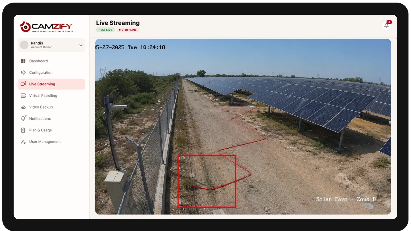 Live streaming from a energy site camera with people and vehicles outlined as they are tracked