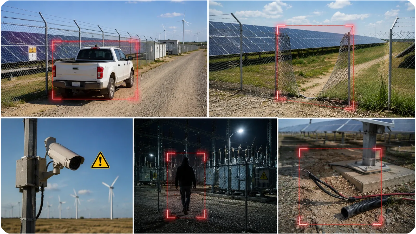 Frames from a round across the energy site site, each with its alert raised