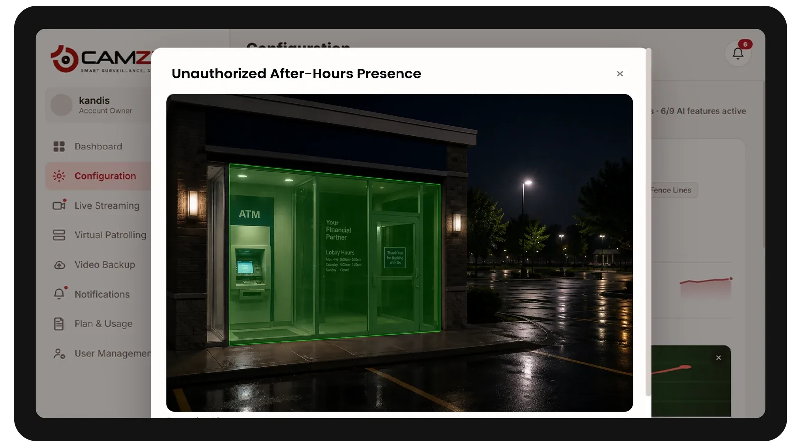 The console configuring a detection on a financial services camera, the zone drawn over the live frame