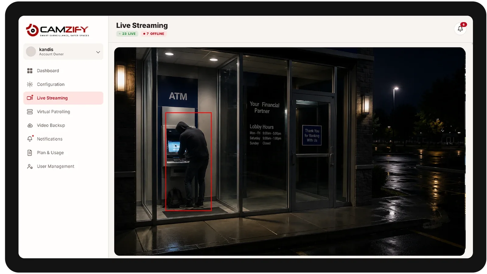 Live streaming from a financial services camera with people and vehicles outlined as they are tracked