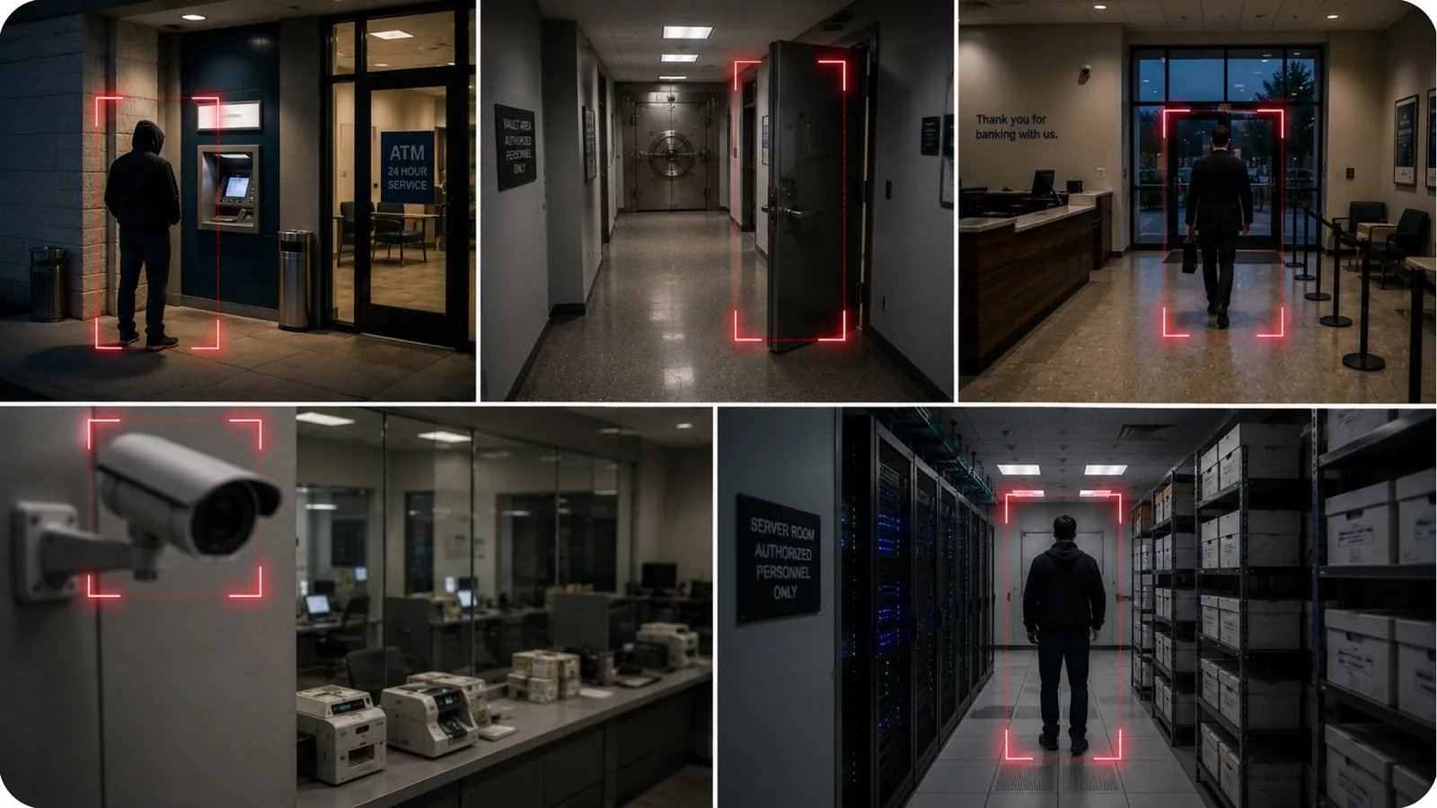 Frames from a round across the financial services site, each with its alert raised