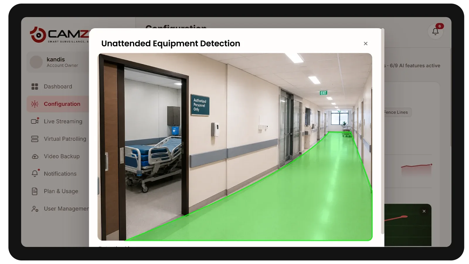 The console configuring a detection on a healthcare facility camera, the zone drawn over the live frame
