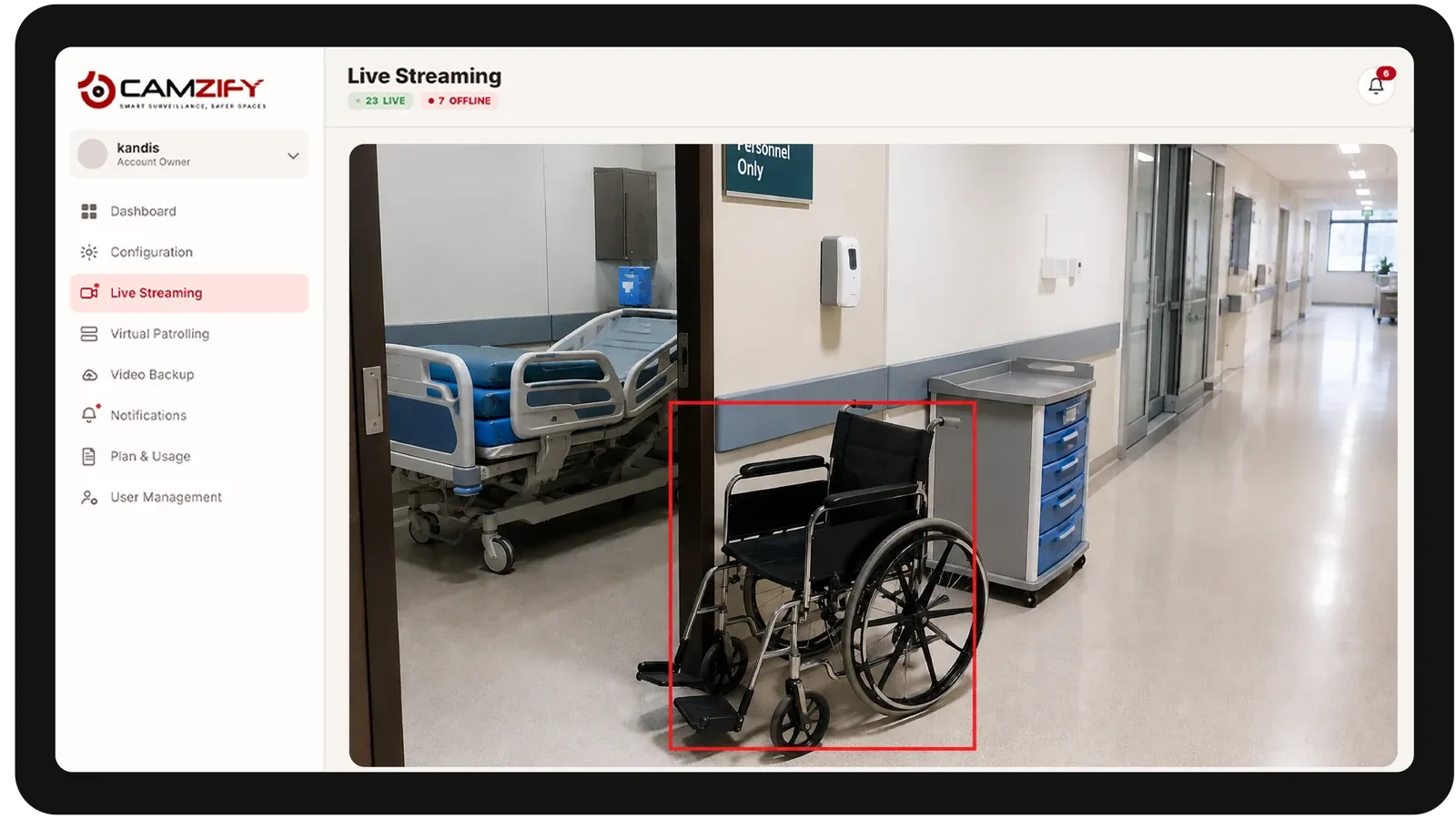 Live streaming from a healthcare facility camera with people and vehicles outlined as they are tracked