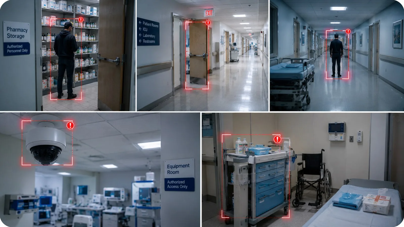 Frames from a round across the healthcare facility site, each with its alert raised
