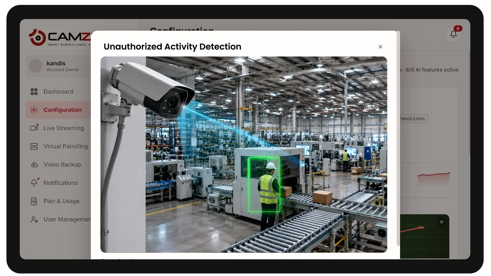 The console configuring a detection on a manufacturing camera, the zone drawn over the live frame