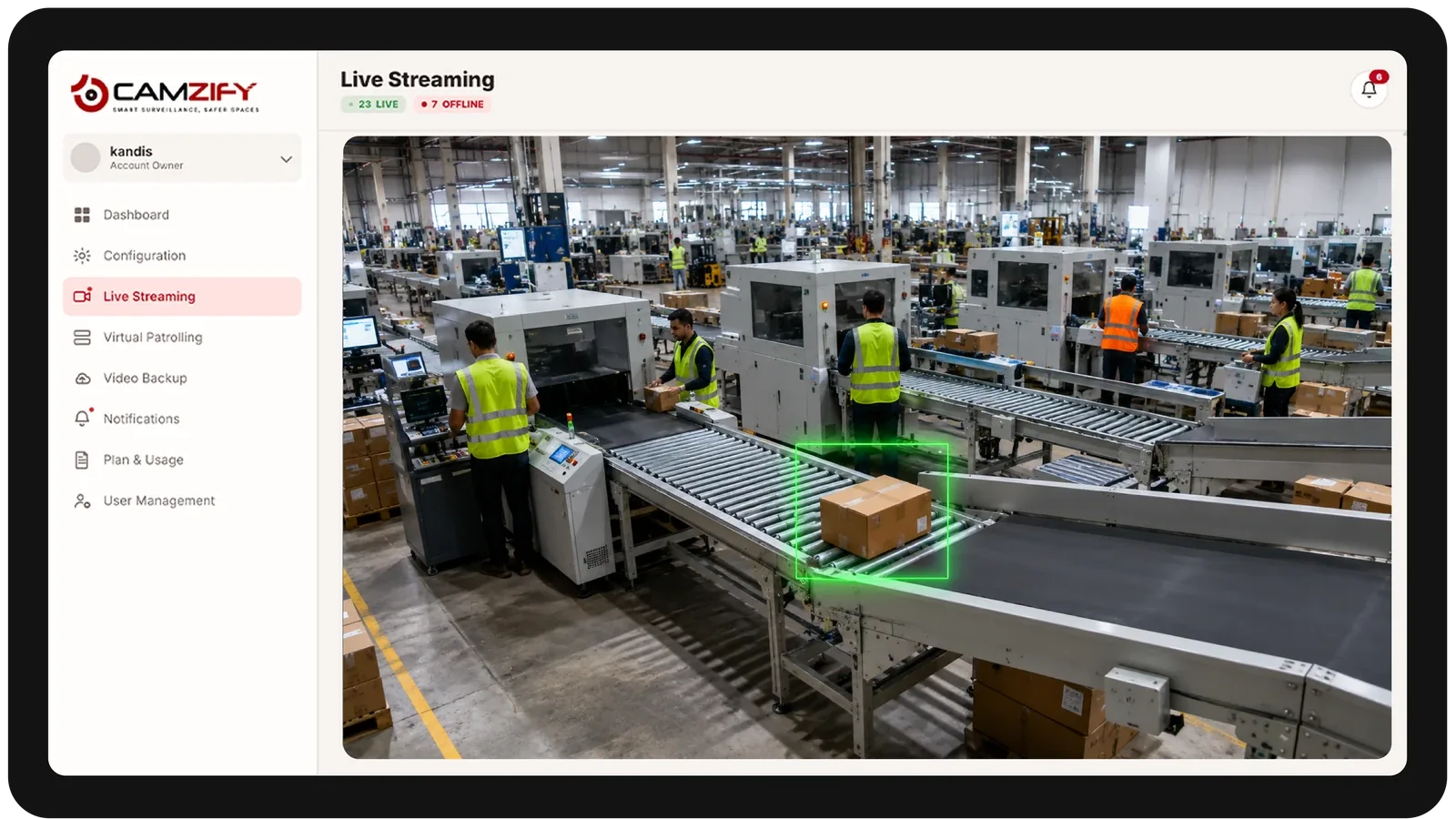 Live streaming from a manufacturing camera with people and vehicles outlined as they are tracked