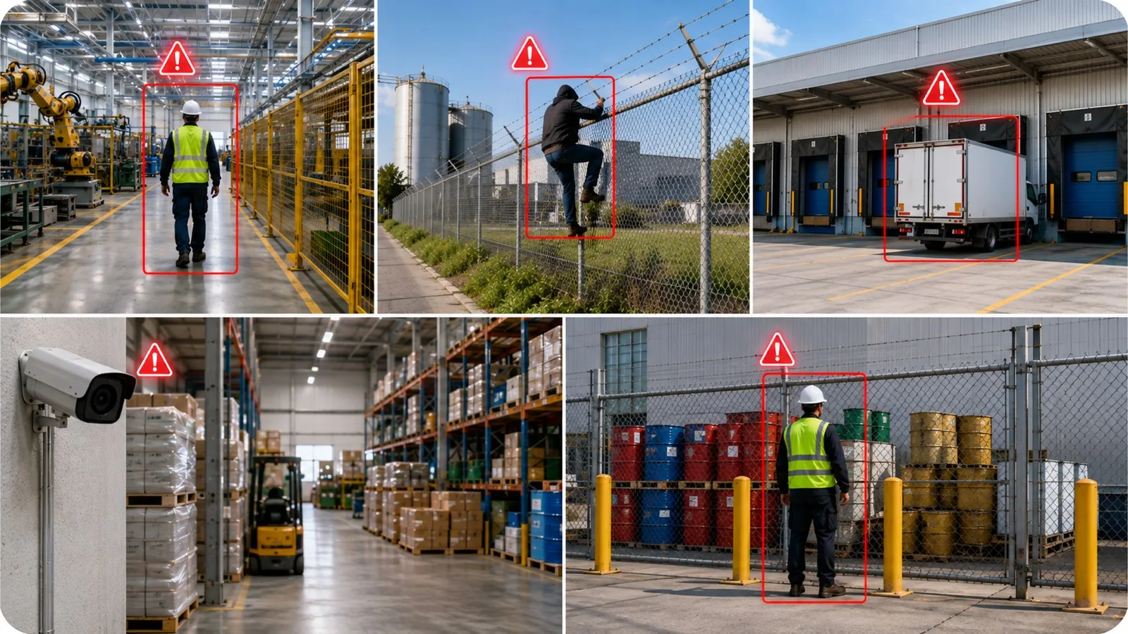 Frames from a round across the manufacturing site, each with its alert raised
