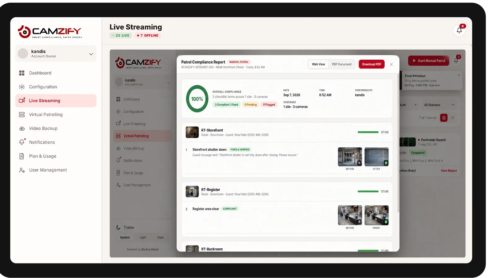 Live streaming from a multi-site camera with people and vehicles outlined as they are tracked