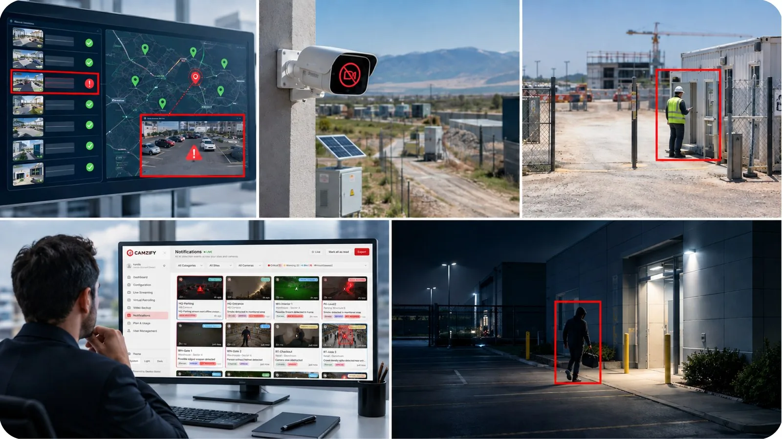 Frames from a round across the multi-site site, each with its alert raised