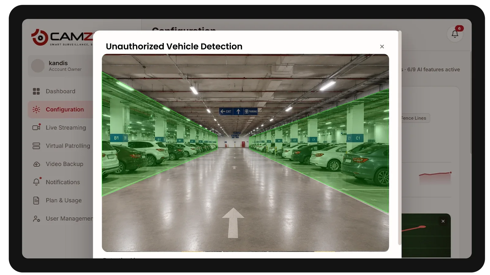 The console configuring a detection on a property camera, the zone drawn over the live frame