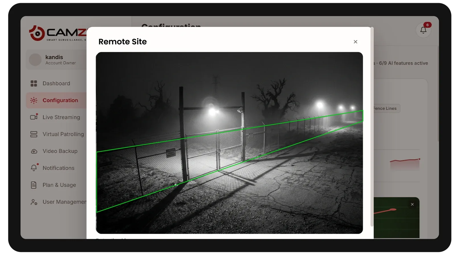 The console configuring a detection on a remote site camera, the zone drawn over the live frame