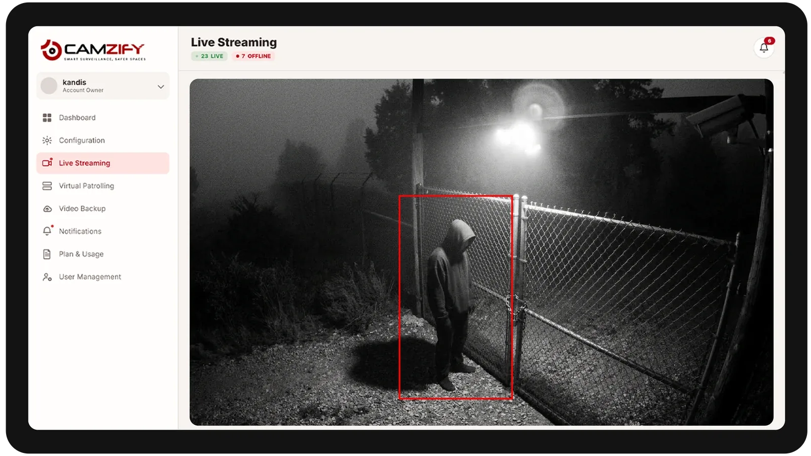 Live streaming from a remote site camera with people and vehicles outlined as they are tracked