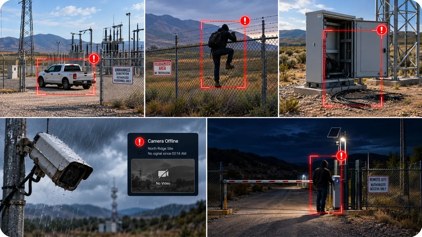 Frames from a round across the remote site site, each with its alert raised