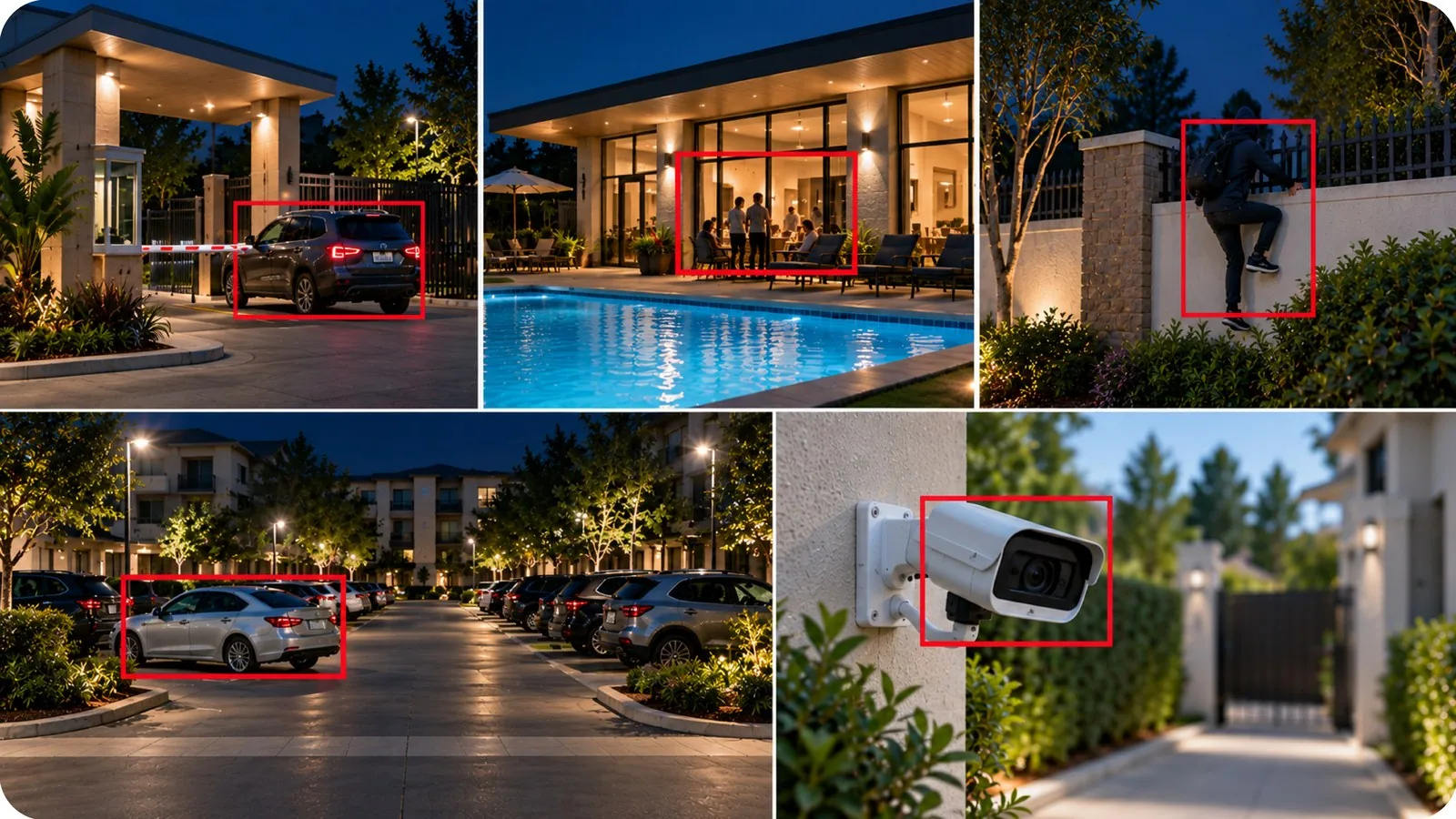 Frames from a round across the residential community site, each with its alert raised