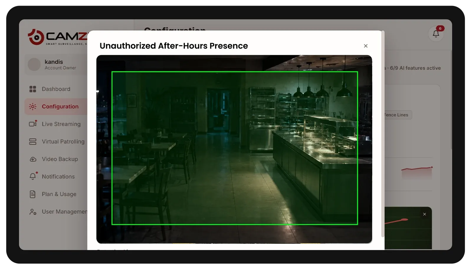 The console configuring a detection on a restaurant camera, the zone drawn over the live frame