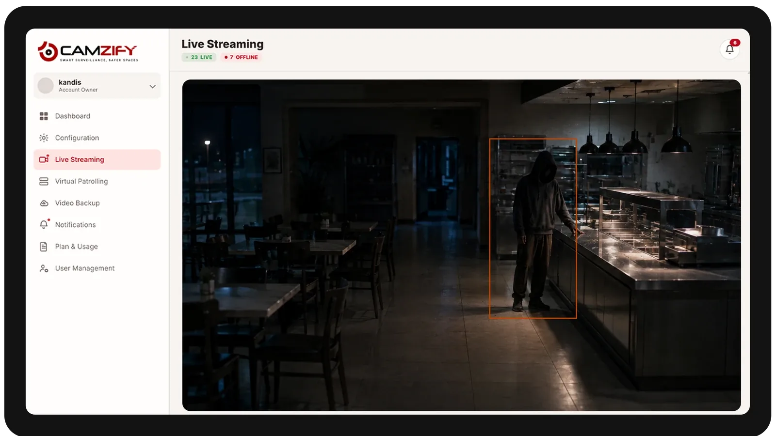 Live streaming from a restaurant camera with people and vehicles outlined as they are tracked