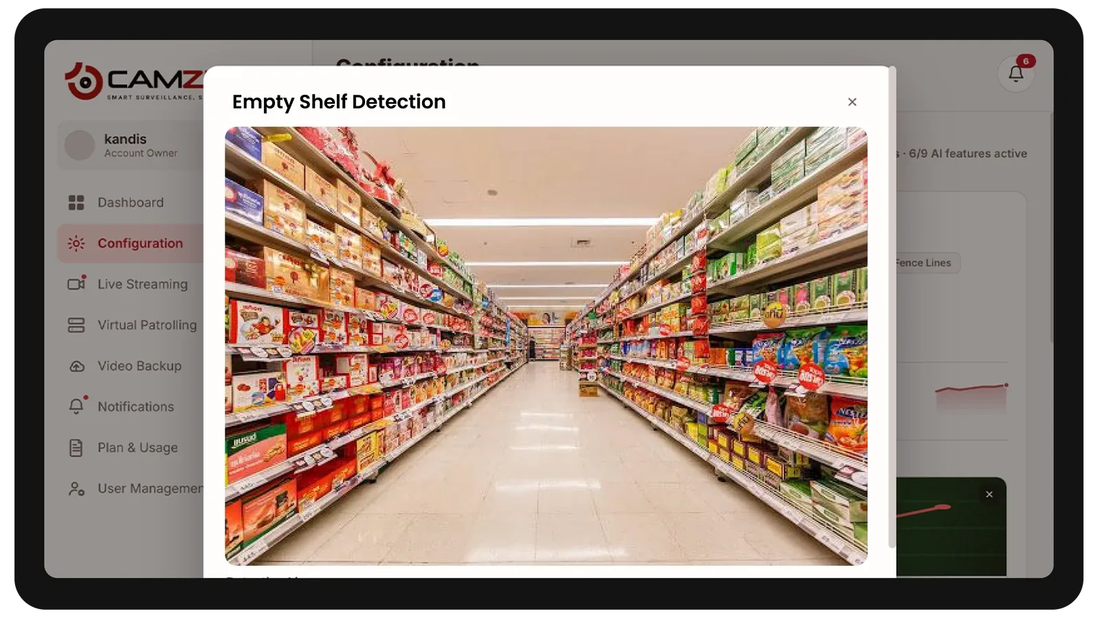 The console configuring a detection on a retail camera, the zone drawn over the live frame