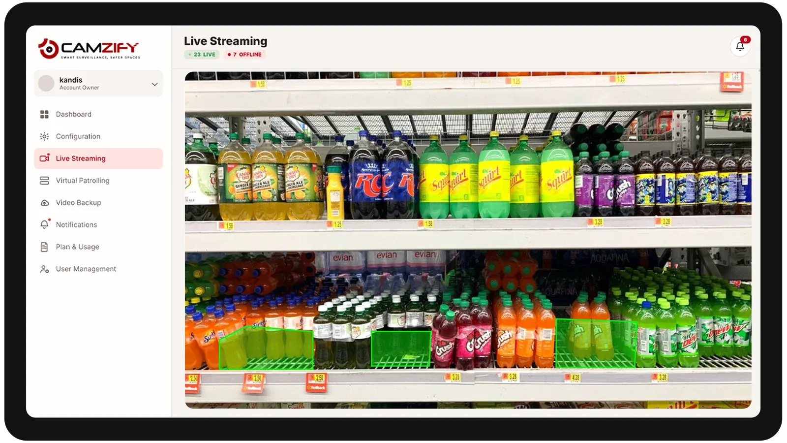 Live streaming from a retail camera with people and vehicles outlined as they are tracked