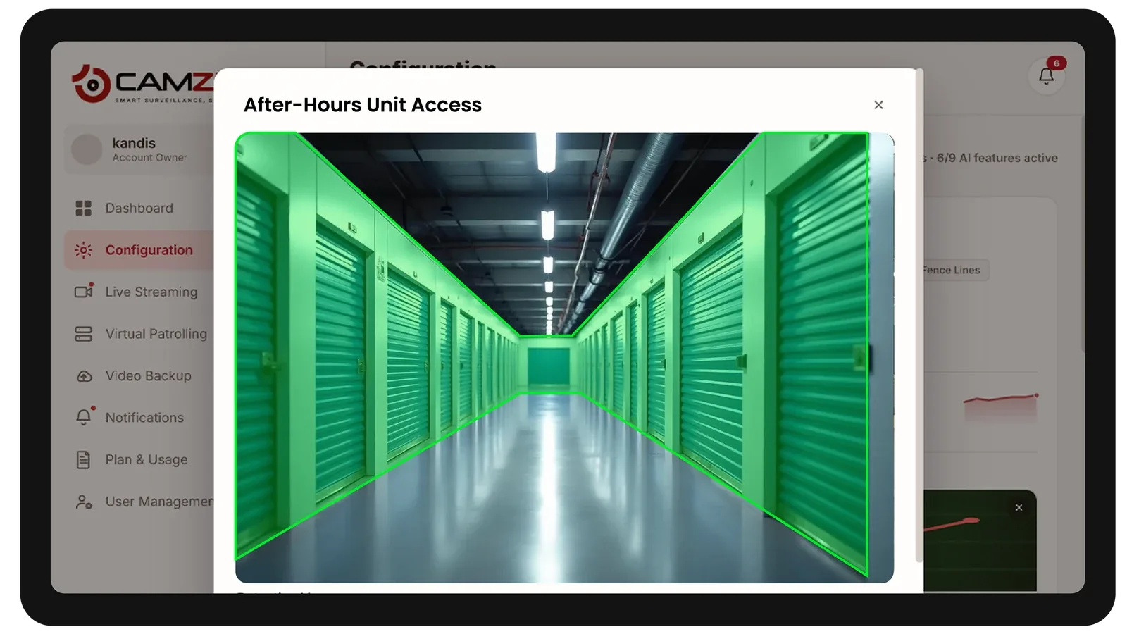 The console configuring a detection on a self-storage camera, the zone drawn over the live frame