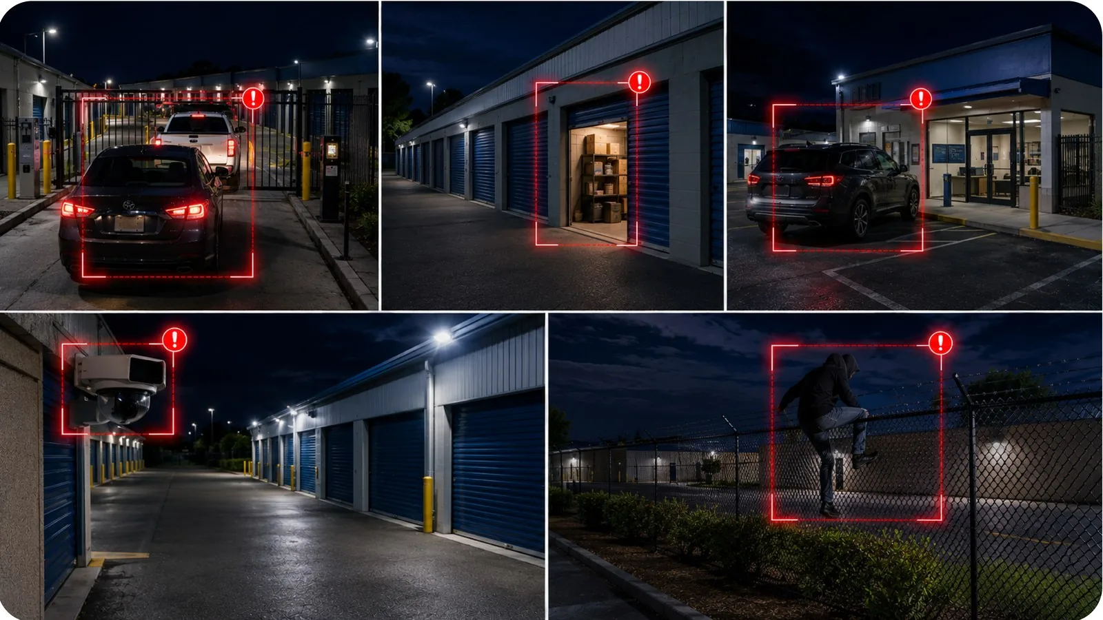 Frames from a round across the self-storage site, each with its alert raised