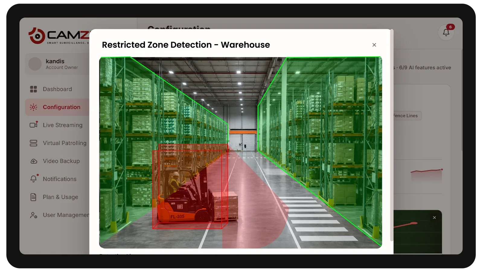 The console configuring a detection on a warehouse camera, the zone drawn over the live frame